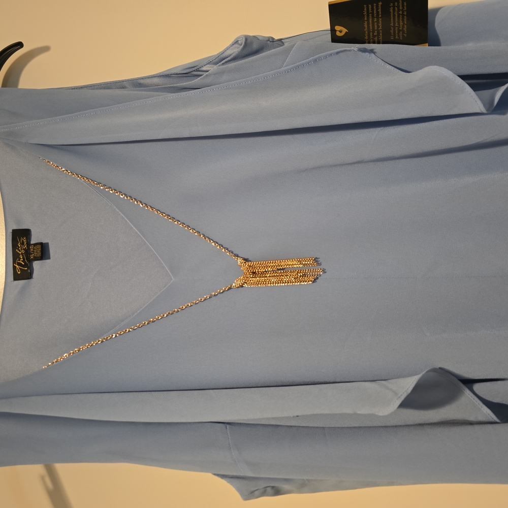 Light Blue Draped Blouse with Necklace